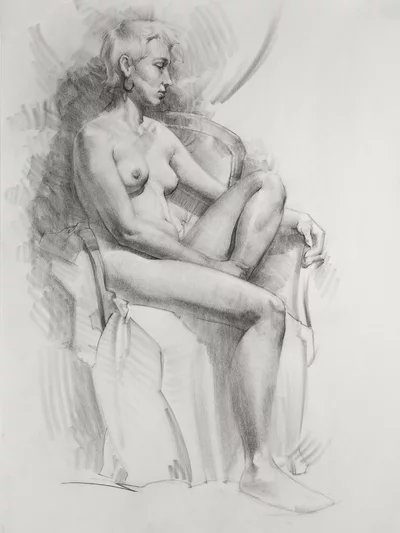 Charcoal drawing of woman siting in a chair